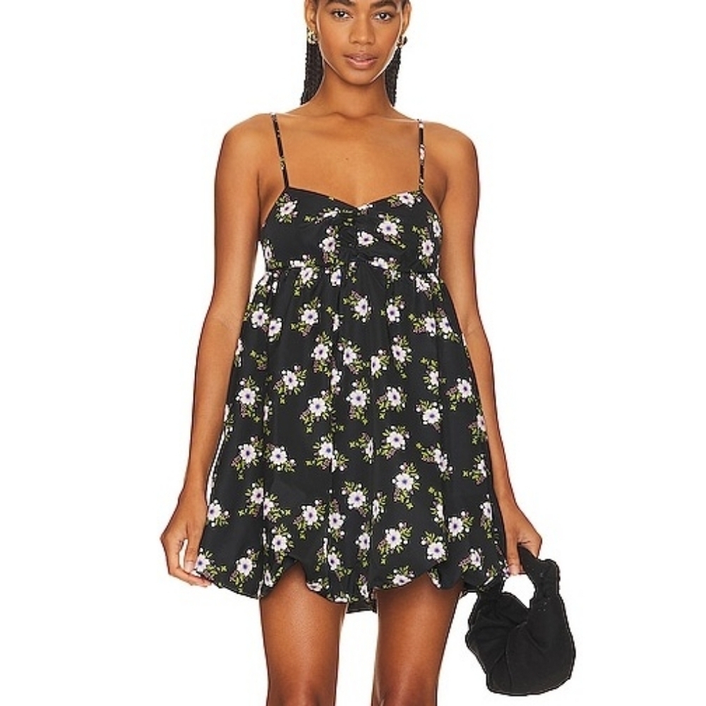Free People In A Bubble babydoll dress black floral mini size small NEW NWT
